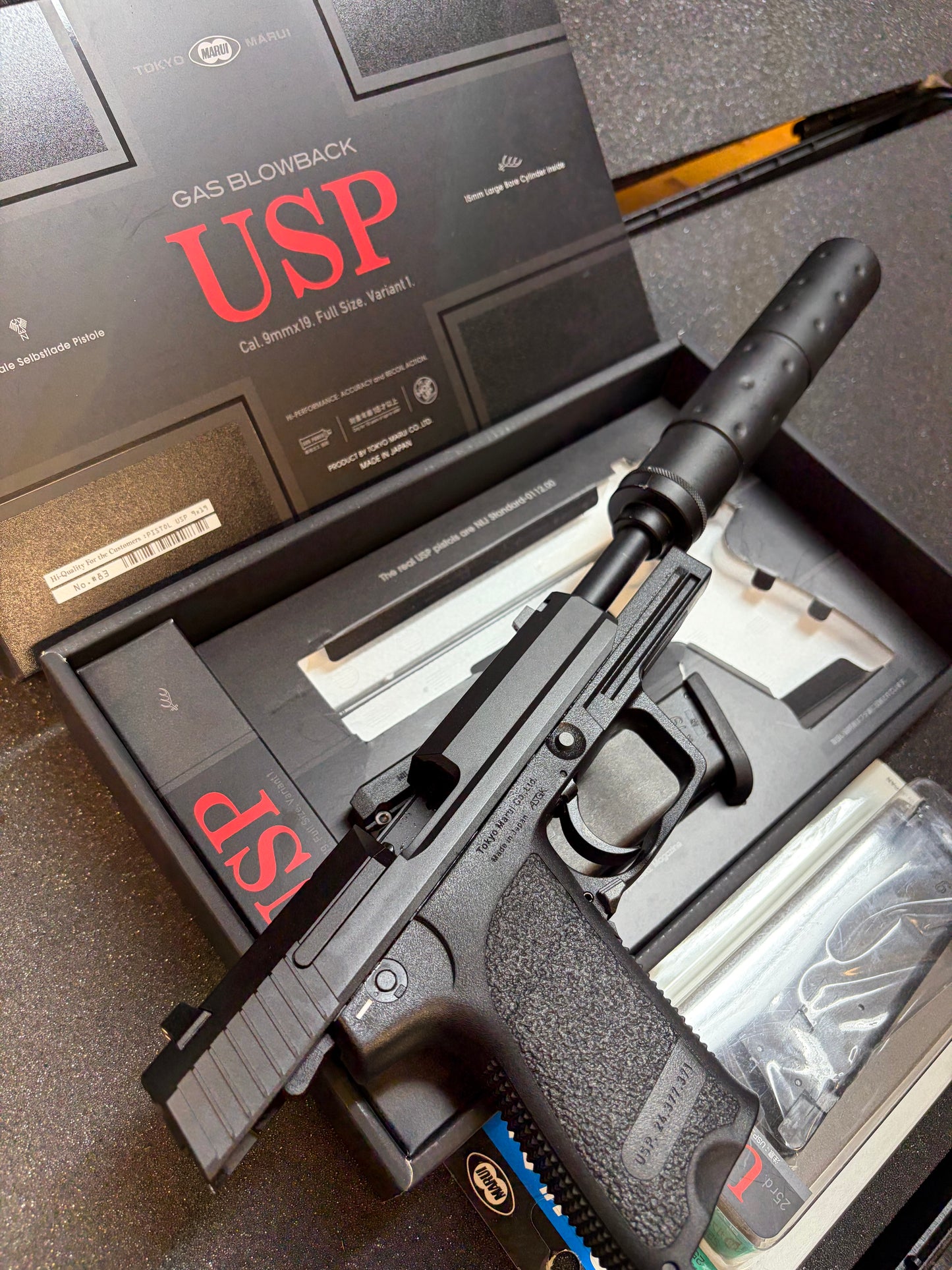 TOKYO MARUI HK USP Licensed Gas Blowback Pistol Full Size Tactical Package With Metal Detonator Threaded Barrel
